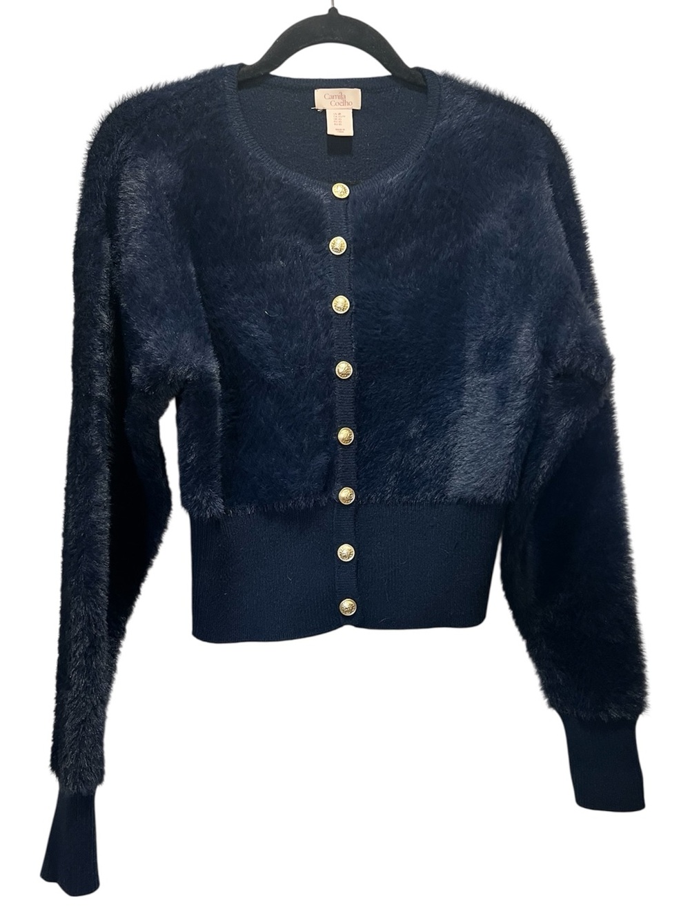 Camila Coelho Navy Blue Fuzzy Faux Fur Cropped Cardigan Sweater XS